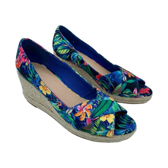 Vintage Floral Peep Toe Espadrille Wedge Sandals - Picture 1 of 8